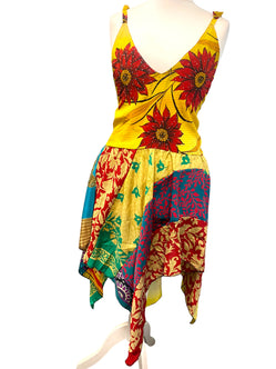 Summer Festival Dress patchwork hanky hem recycled Sari silk hippy pixie UK 8-12