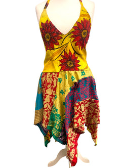 Summer Festival Dress patchwork hanky hem recycled Sari silk hippy pixie UK 8-12