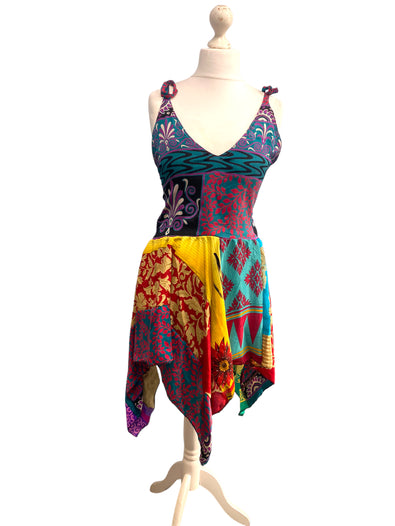 Summer Festival Dress patchwork hanky hem recycled Sari silk hippy pixie UK 8-12