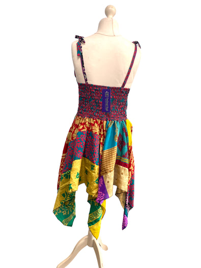 Summer Festival Dress patchwork hanky hem recycled Sari silk hippy pixie UK 8-12