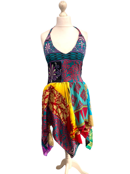 Summer Festival Dress patchwork hanky hem recycled Sari silk hippy pixie UK 8-12