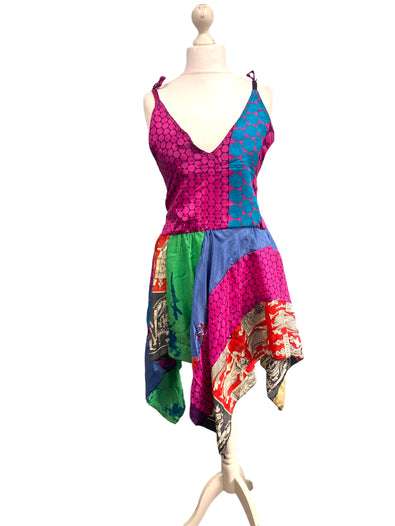 Summer Festival Dress patchwork hanky hem recycled Sari silk hippy pixie UK 8-12