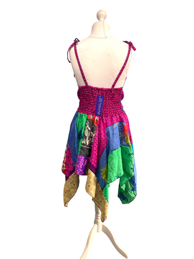 Summer Festival Dress patchwork hanky hem recycled Sari silk hippy pixie UK 8-12