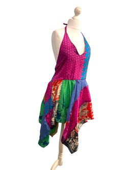 Summer Festival Dress patchwork hanky hem recycled Sari silk hippy pixie UK 8-12