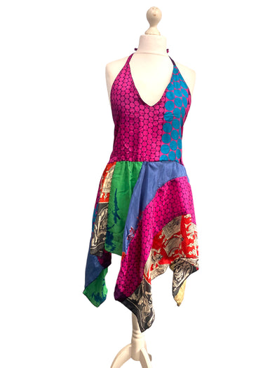 Summer Festival Dress patchwork hanky hem recycled Sari silk hippy pixie UK 8-12