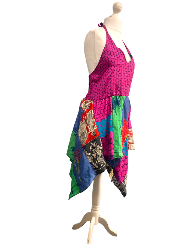 Summer Festival Dress patchwork hanky hem recycled Sari silk hippy pixie UK 8-12