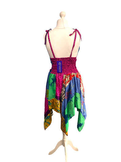 Summer Festival Dress patchwork hanky hem recycled Sari silk hippy pixie UK 8-12