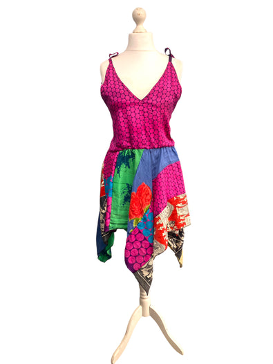 Summer Festival Dress patchwork hanky hem recycled Sari silk hippy pixie UK 8-12