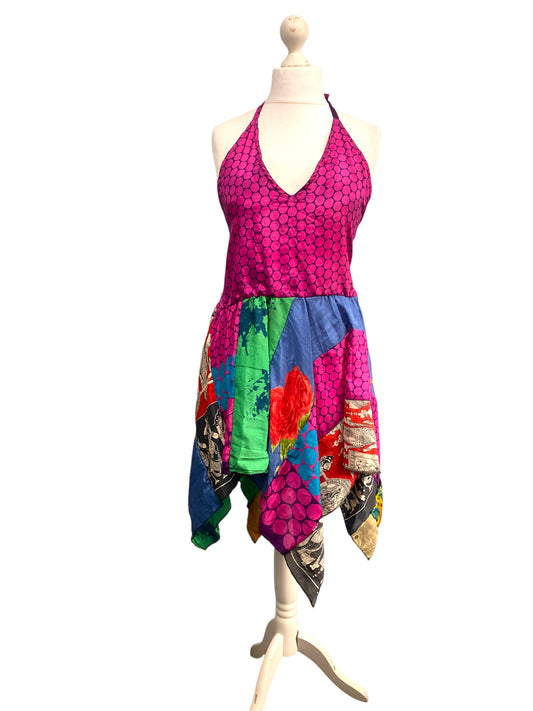 Summer Festival Dress patchwork hanky hem recycled Sari silk hippy pixie UK 8-12