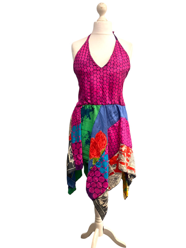 Summer Festival Dress patchwork hanky hem recycled Sari silk hippy pixie UK 8-12