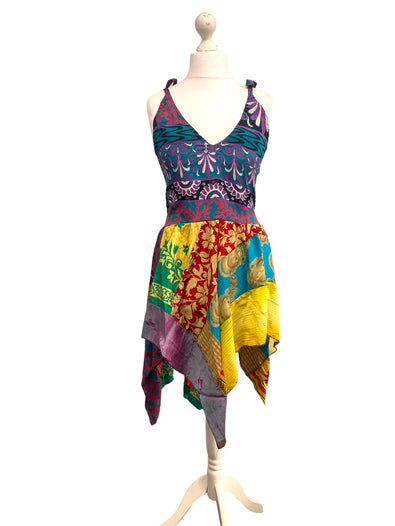 Summer Festival Dress patchwork hanky hem recycled Sari silk hippy pixie UK 8-12