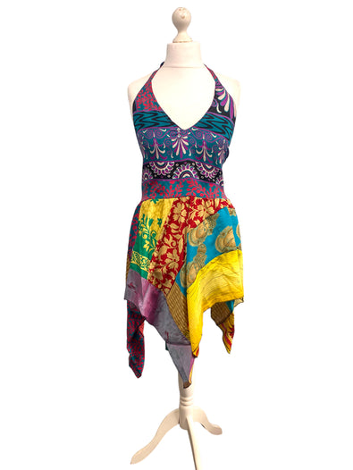 Summer Festival Dress patchwork hanky hem recycled Sari silk hippy pixie UK 8-12