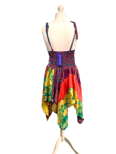 Summer Festival Dress patchwork hanky hem recycled Sari silk hippy pixie UK 8-12