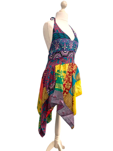 Summer Festival Dress patchwork hanky hem recycled Sari silk hippy pixie UK 8-12