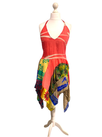 Summer Festival Dress patchwork hanky hem recycled Sari silk hippy pixie UK 8-12