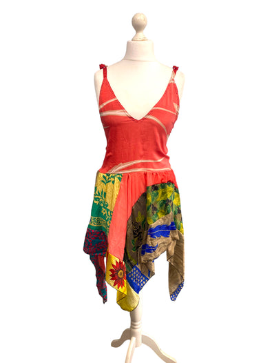 Summer Festival Dress patchwork hanky hem recycled Sari silk hippy pixie UK 8-12