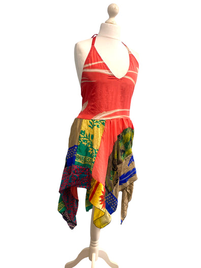 Summer Festival Dress patchwork hanky hem recycled Sari silk hippy pixie UK 8-12