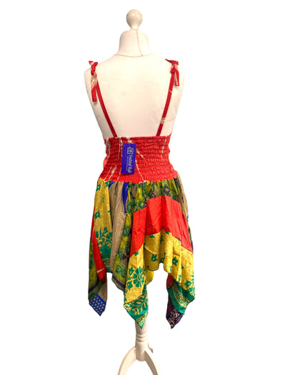 Summer Festival Dress patchwork hanky hem recycled Sari silk hippy pixie UK 8-12