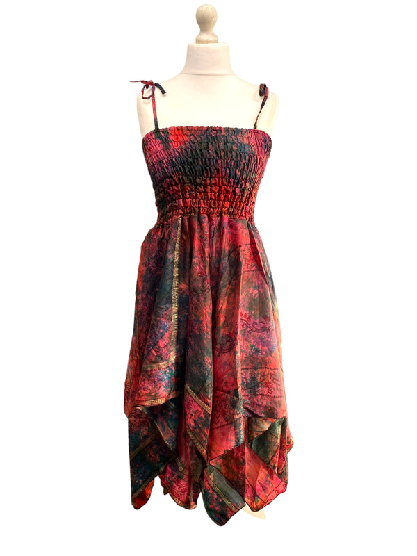 Festival summer Dress Sexy Boho Pixie SILK hanky hem Red Hippy gypsy sun 8-14