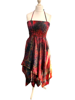 Festival summer Dress Sexy Boho Pixie SILK hanky hem Red Hippy gypsy sun 8-14