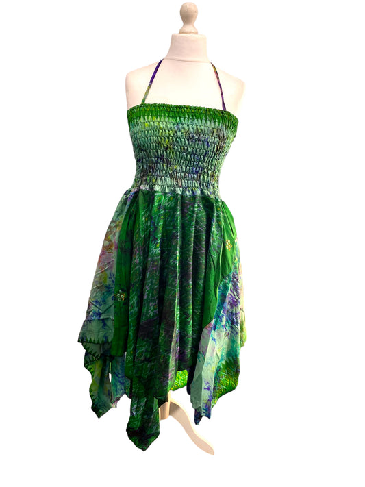 Festival summer Dress Sexy Boho Pixie SILK hanky hem GREEN Hippy gypsy sun 8-14