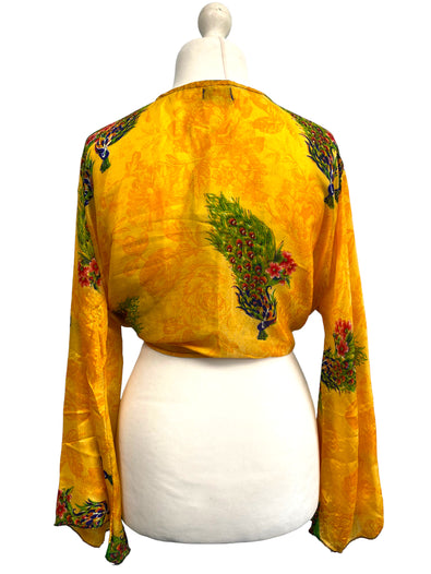 YELLOW blouse Shrug crop top cover up Sari Silk Boho Hippy Bell sleeve UK 16-20