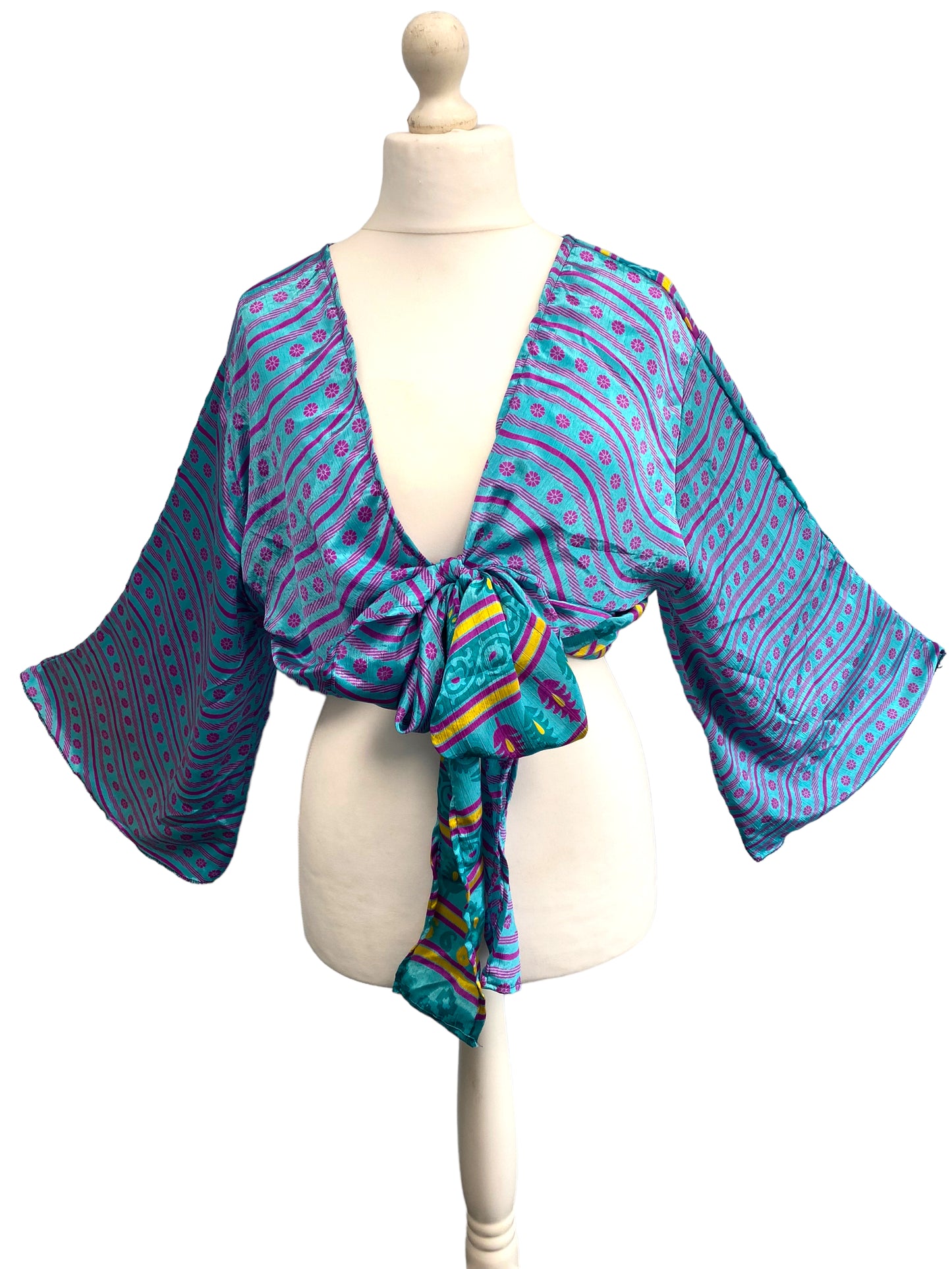 BLUE blouse Shrug crop top cover up Sari Silk Boho Hippy Bell sleeve UK 16-20