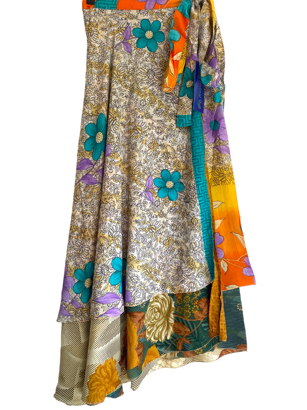 BlUE Wrap Skirt Vintage long Maxi Boho Hippy Sari Silk Festival summer UK 8-18