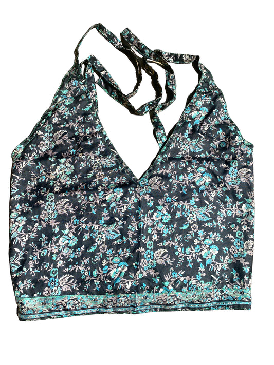 Pretty BLUE & BLACK Crop Top sexy Boho Hippy Festival summer sun vest UK 8 10 12