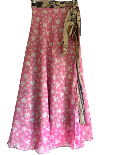 PINK Wrap Skirt Vintage long Maxi Boho Hippy Sari Silk Festival summer UK 8-18