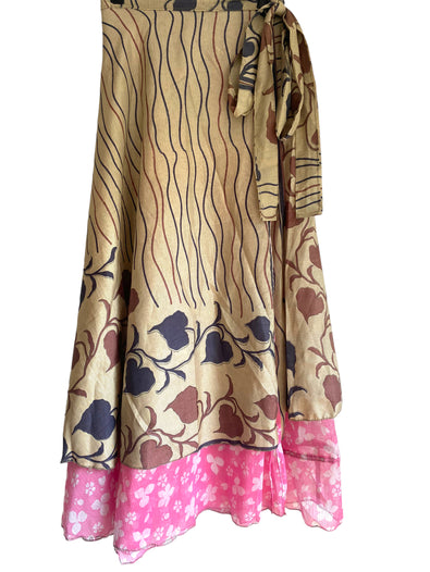 PINK Wrap Skirt Vintage long Maxi Boho Hippy Sari Silk Festival summer UK 8-18