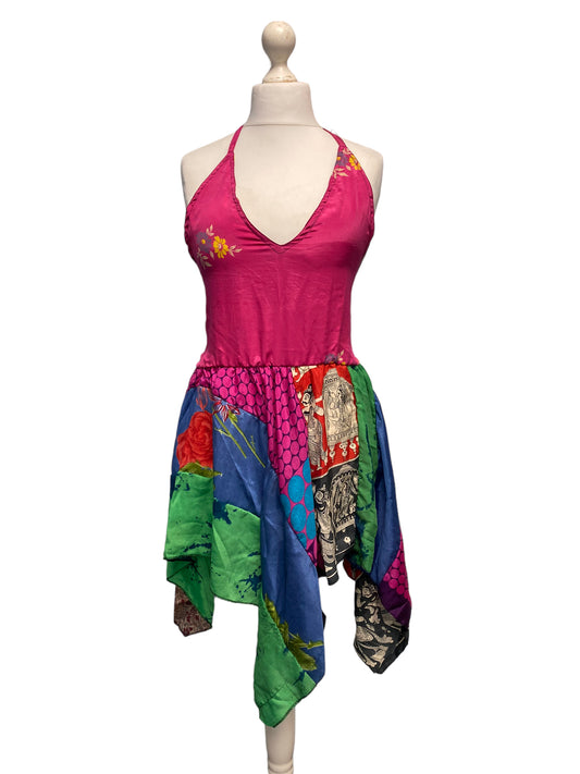 Pixie Festival Sun Dress summer beach recycled Sari silk hippy A B cup UK 8-12