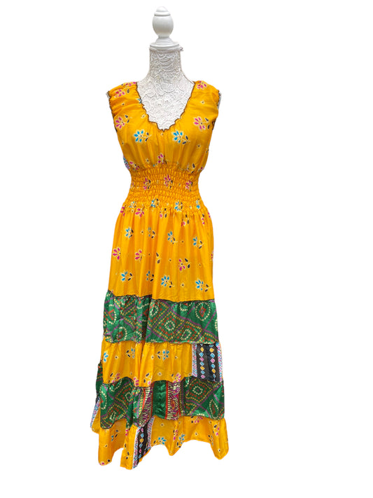 Long Summer Dress recycled Sari-Silk Boho Hippy Festival party outfit UK 8-12