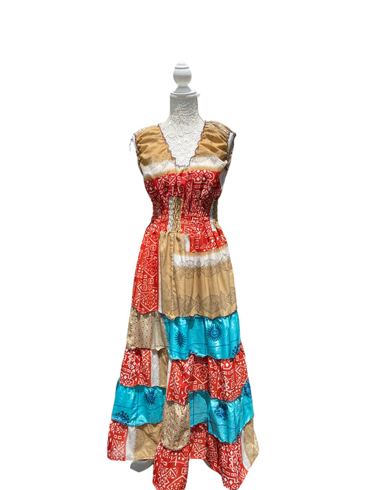 Long Summer Dress recycled Sari-Silk Boho Hippy Festival party outfit UK 8-12