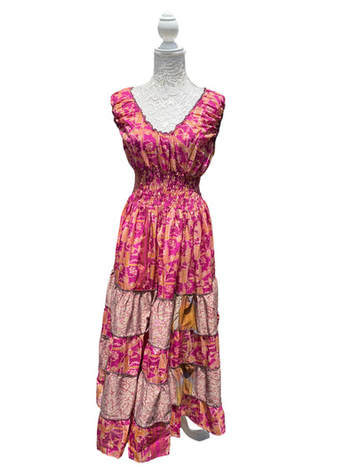 Long Summer Dress recycled Sari-Silk Boho Hippy Festival party outfit UK 8-12