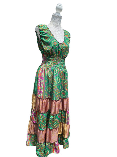 Long Summer Dress recycled Sari-Silk Boho Hippy Festival party outfit UK 8-12