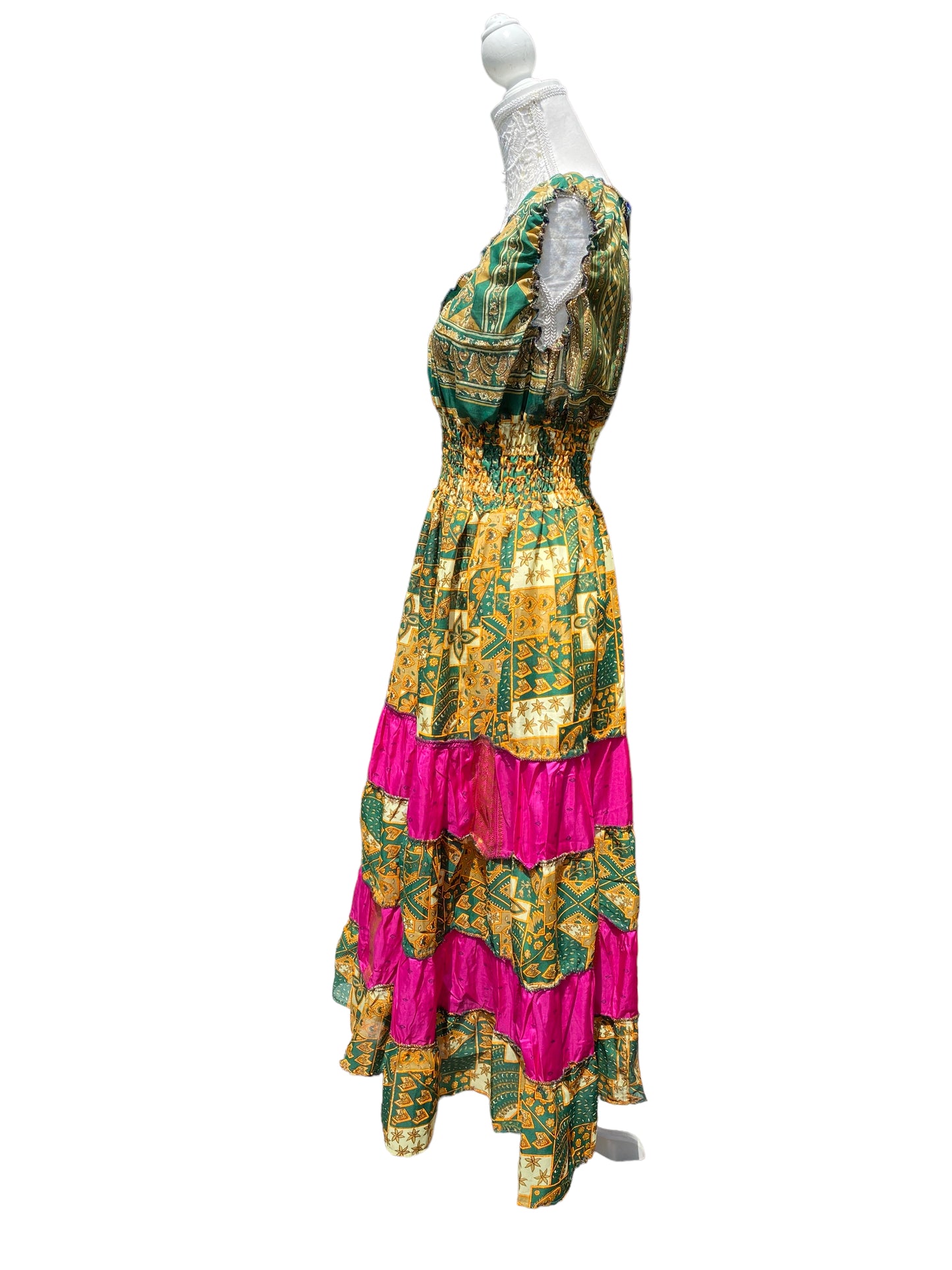 Long Summer Dress recycled Sari-Silk Boho Hippy Festival party outfit UK 8-12