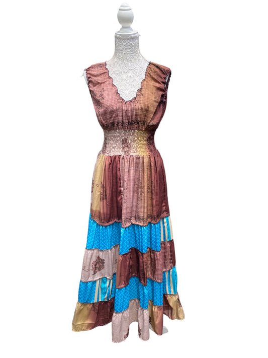 Long Summer Dress recycled Sari-Silk Boho Hippy Festival party outfit UK 8-12