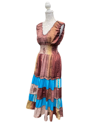 Long Summer Dress recycled Sari-Silk Boho Hippy Festival party outfit UK 8-12