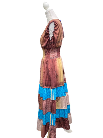 Long Summer Dress recycled Sari-Silk Boho Hippy Festival party outfit UK 8-12