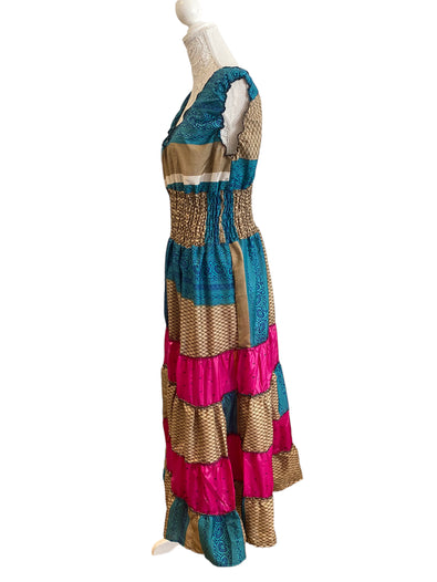 Long Summer Dress recycled Sari-Silk Boho Hippy Festival party outfit UK 8-12