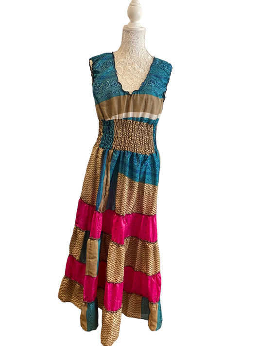 Long Summer Dress recycled Sari-Silk Boho Hippy Festival party outfit UK 8-12