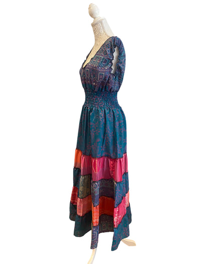 Long Summer Dress recycled Sari-Silk Boho Hippy Festival party outfit UK 8-12