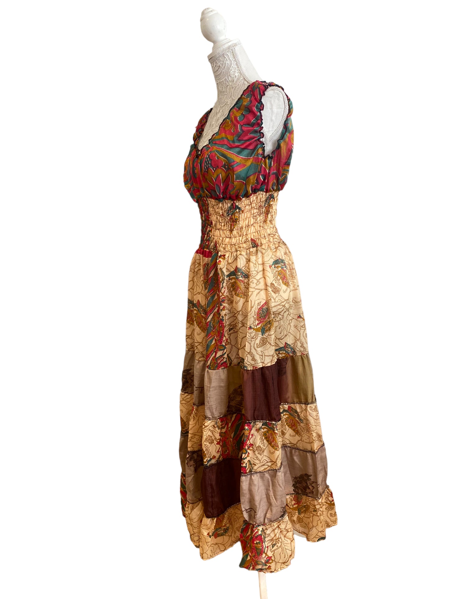 Long Summer Dress recycled Sari-Silk Boho Hippy Festival party outfit UK 8-12