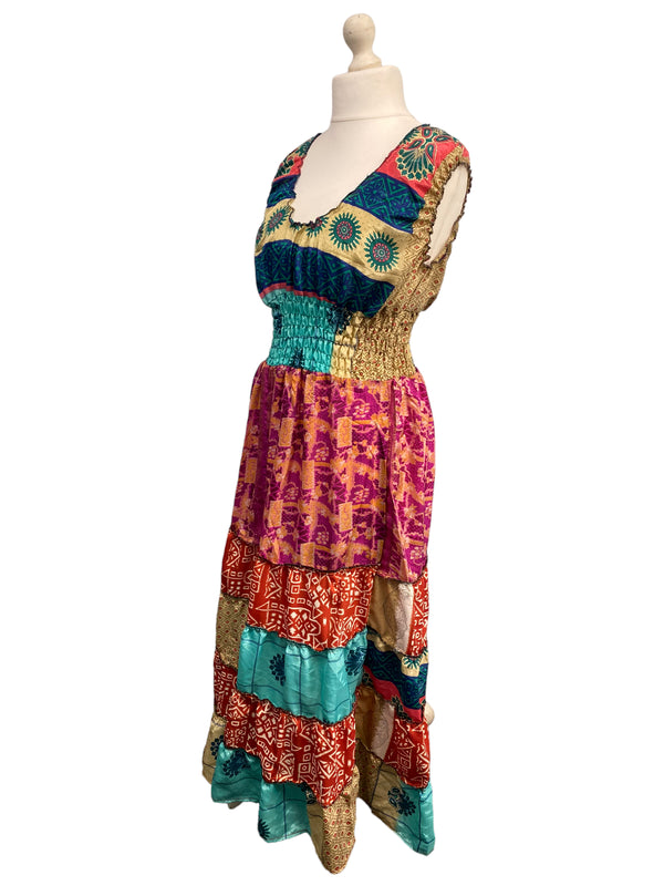 Long Summer Dress recycled Sari-Silk Boho Hippy Festival party outfit UK 8-12