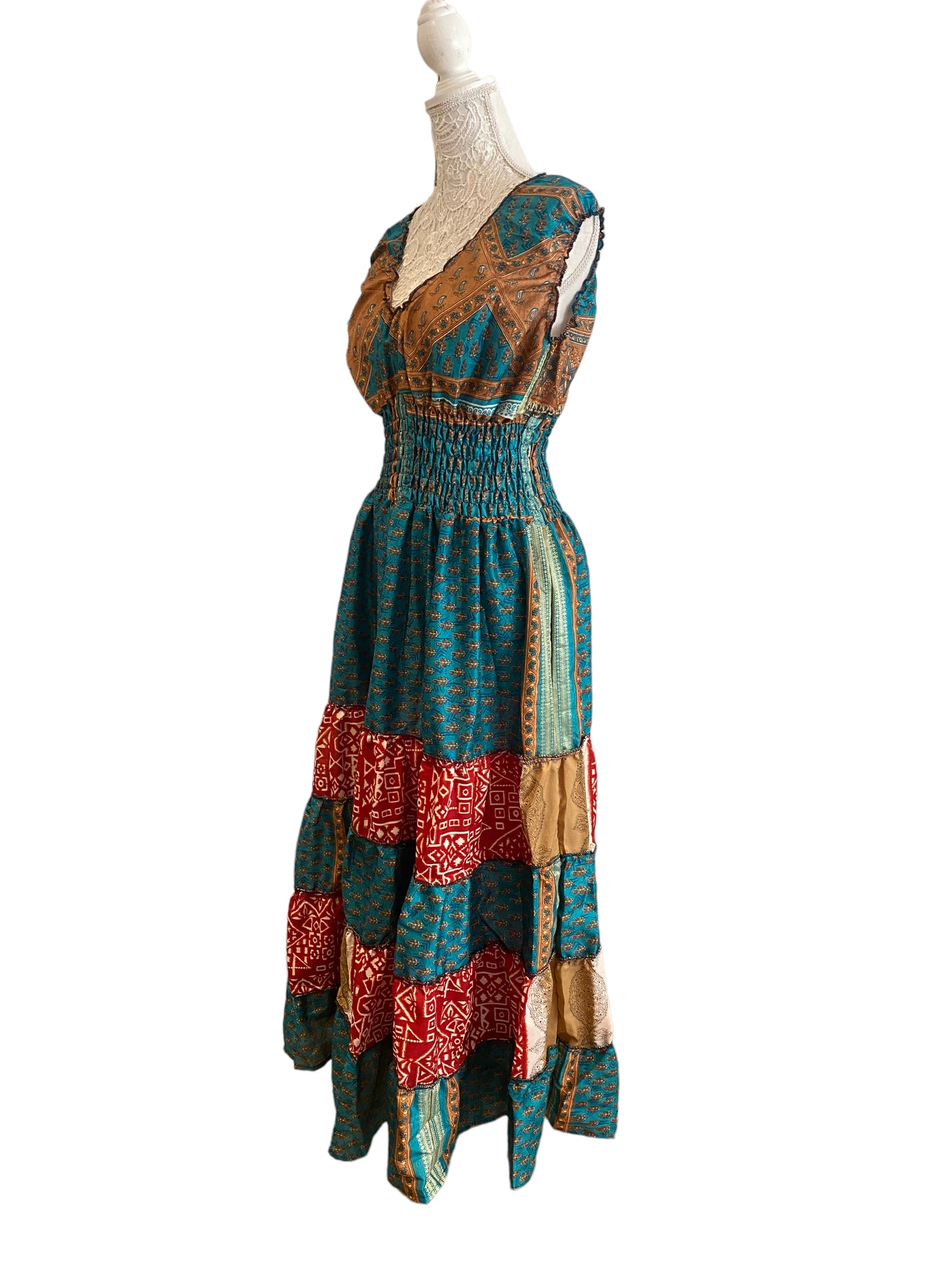 Long Summer Dress recycled Sari-Silk Boho Hippy Festival party outfit UK 8-12