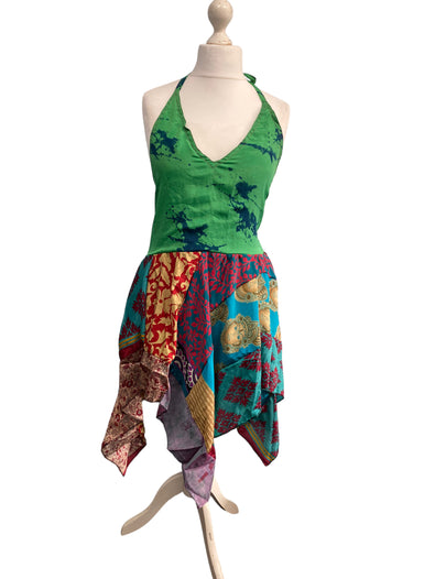 Pixie Festival Sun Dress summer beach recycled Sari silk hippy A B cup UK 8-12