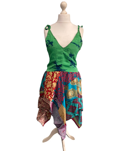 Pixie Festival Sun Dress summer beach recycled Sari silk hippy A B cup UK 8-12