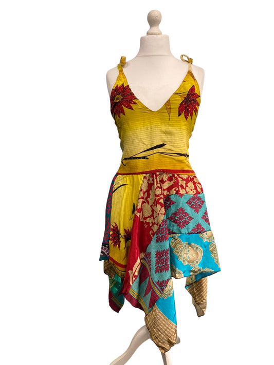 Pixie Festival Sun Dress summer beach recycled Sari silk hippy A B cup UK 8-12