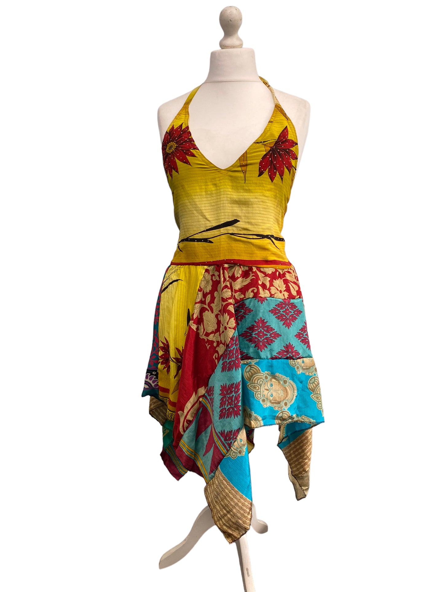 Pixie Festival Sun Dress summer beach recycled Sari silk hippy A B cup UK 8-12